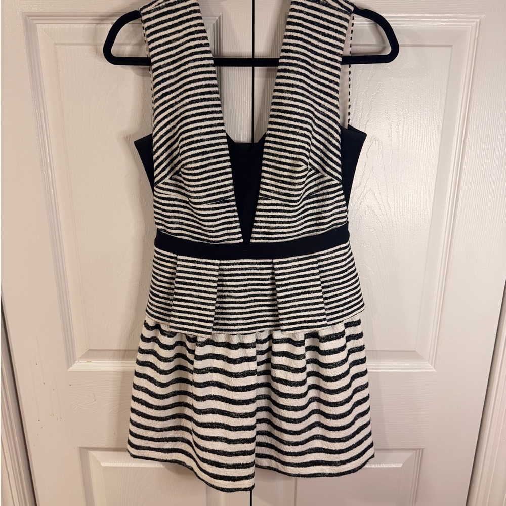 BCBGMaxAzria Black and White Striped V-Neck Peplum Mini Dress